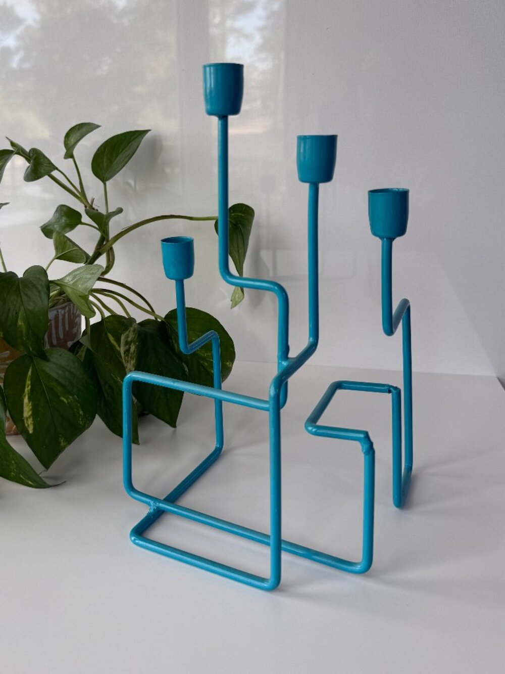 Vintage Four Candle Turquoise Enamel Bent Metal MCM Scandinavian Candelabra